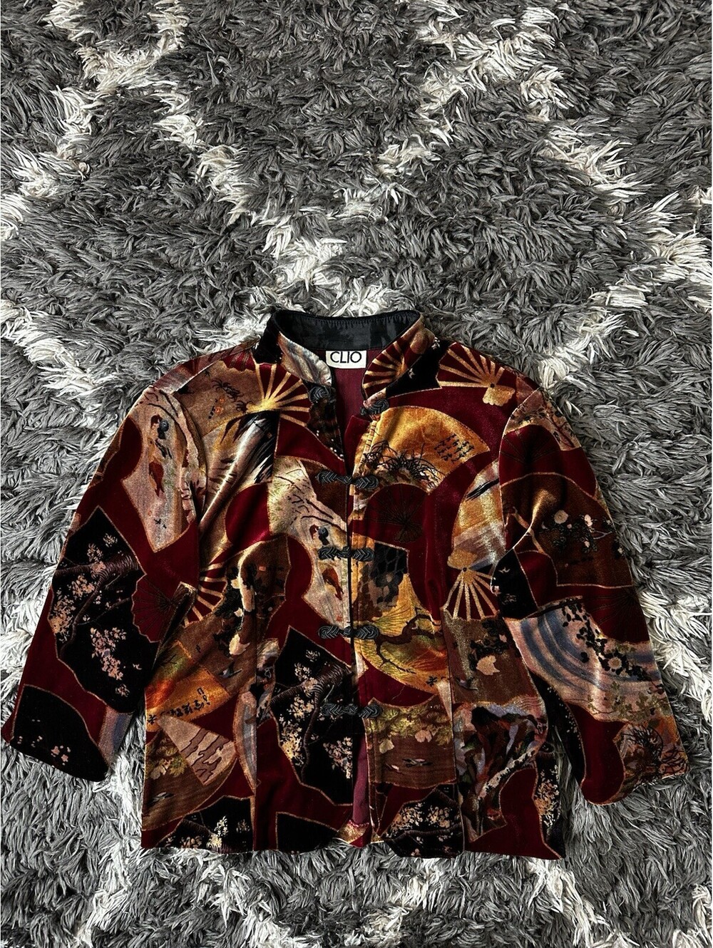Vintage 90s Clio Velvet Asian Fan Print Frog Closure Mandarin Jacket Womens L